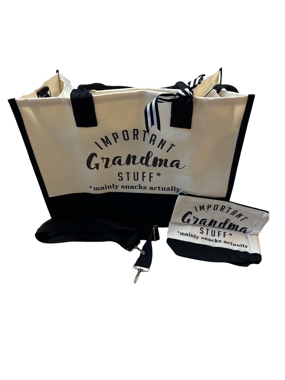 Important Grandma Stuff Canvas Tote Bag with Pouch - Black & Cream